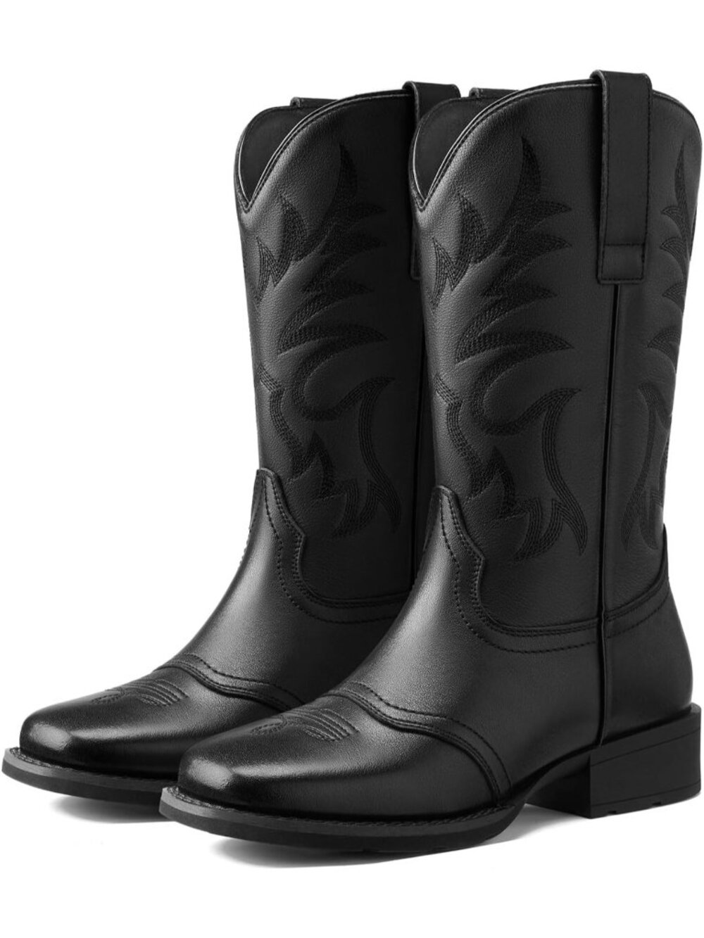 Women's Black Western Embroidery Square Toe Block Heel Mid Calf Cowgirl Boots